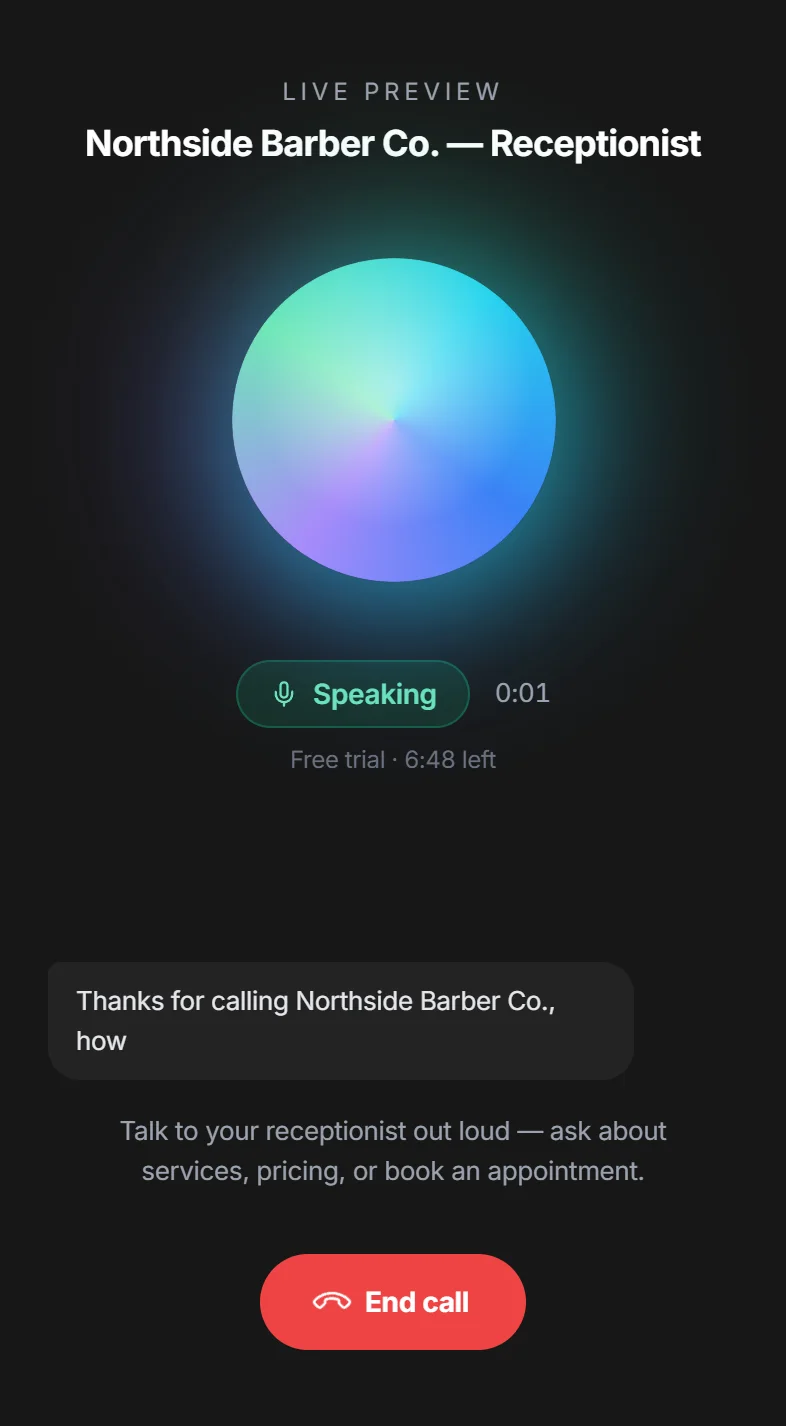 The AI receptionist answering a call live